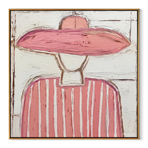 Pink Brim Softens White - pink striped figure painting by Elliot Vale, modern figurative square wall art - wood frame on white background