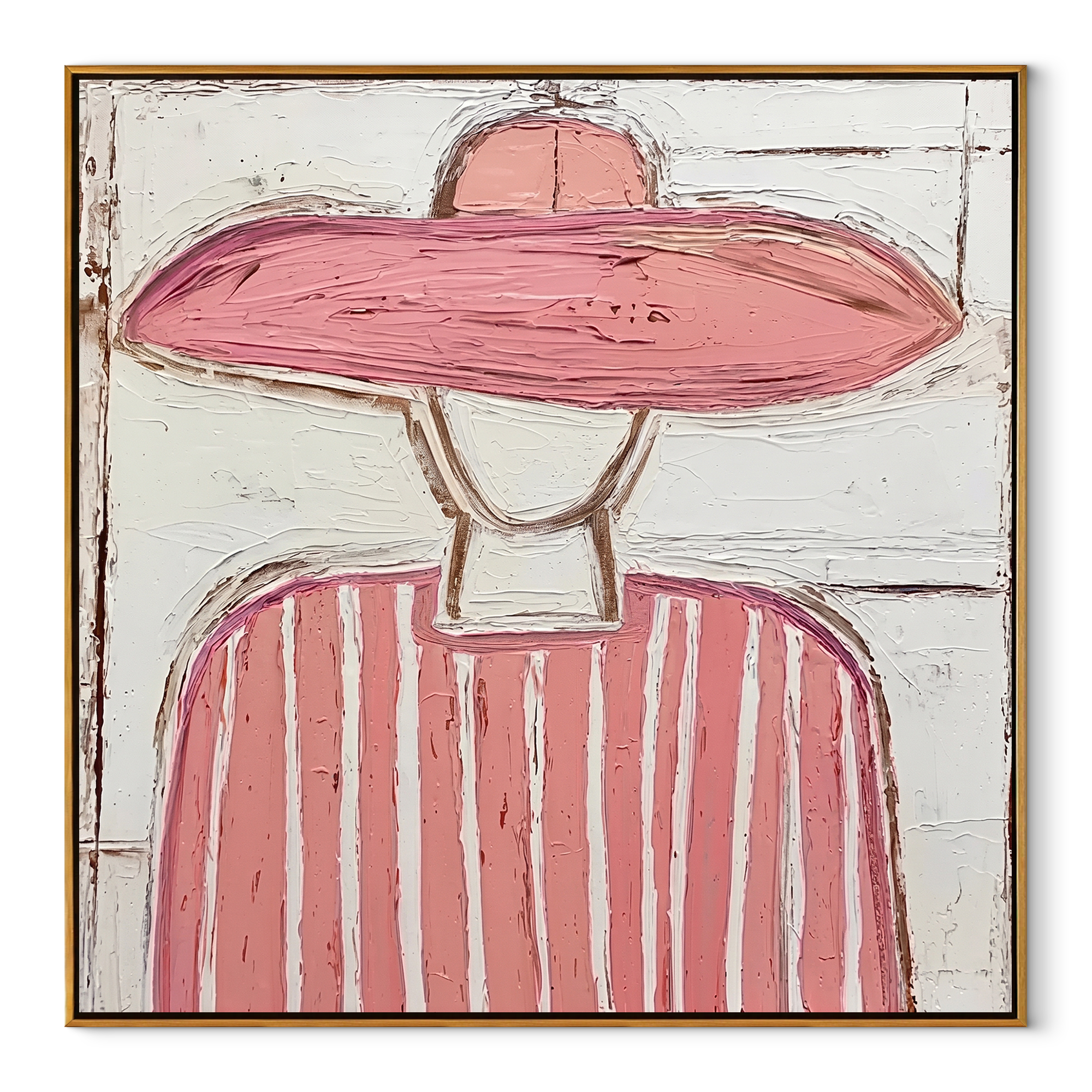 Pink Brim Softens White - pink striped figure painting by Elliot Vale, modern figurative square wall art - wood frame on white background