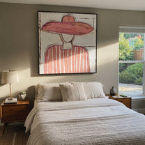 Pink Brim Softens White - pink striped figure painting by Elliot Vale, modern figurative square wall art - styled room scene view 2
