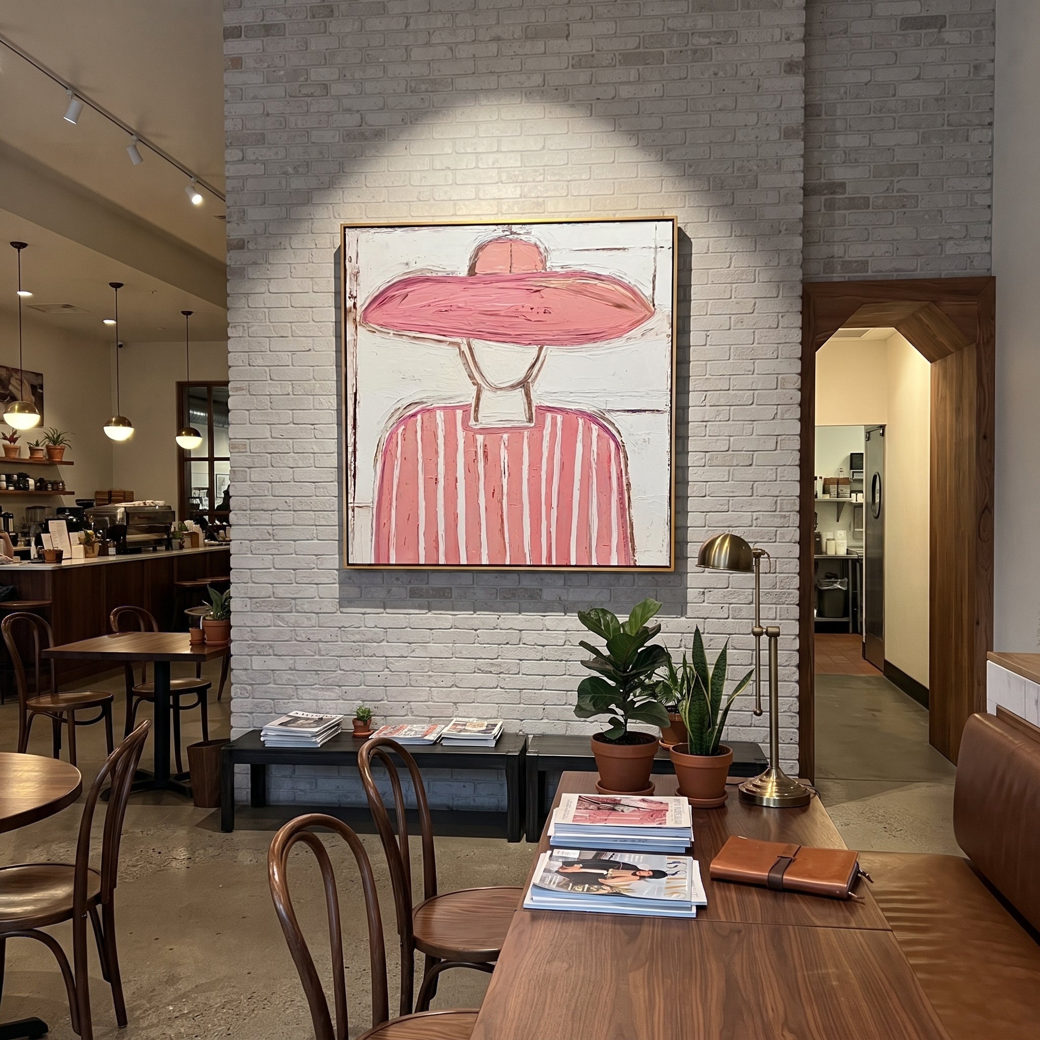 Pink Brim Softens White - pink striped figure painting by Elliot Vale, modern figurative square wall art - styled room scene view 3