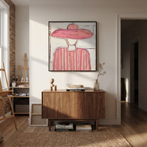 Pink Brim Softens White - pink striped figure painting by Elliot Vale, modern figurative square wall art - styled room scene view 4