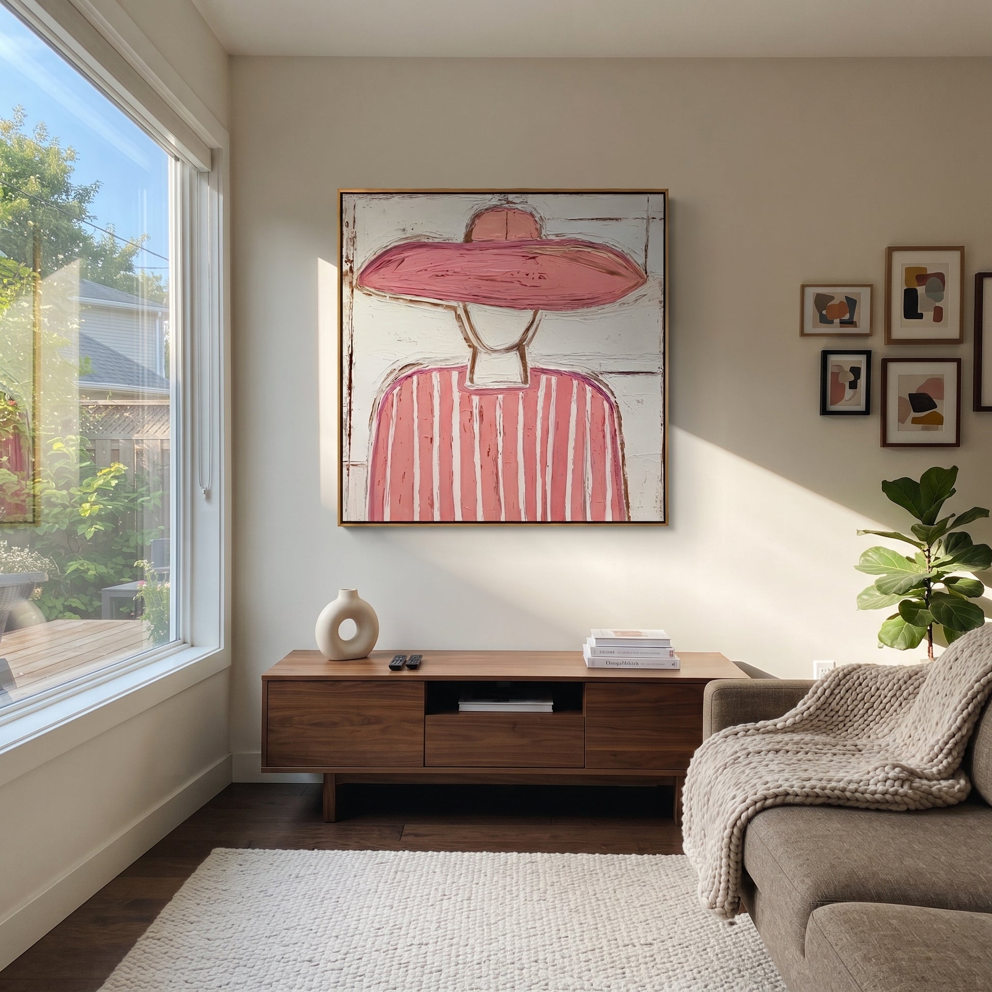 Pink Brim Softens White - pink striped figure painting by Elliot Vale, modern figurative square wall art - styled room scene view 5