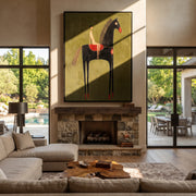 Black Horse Lifts Red - black horse rider painting by Elliot Vale, modern figurative vertical wall art - styled room scene view 1