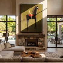 Black Horse Lifts Red - black horse rider painting by Elliot Vale, modern figurative vertical wall art - styled room scene view 1