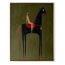 Black Horse Lifts Red - black horse rider painting by Elliot Vale, modern figurative vertical wall art - wood frame on white background