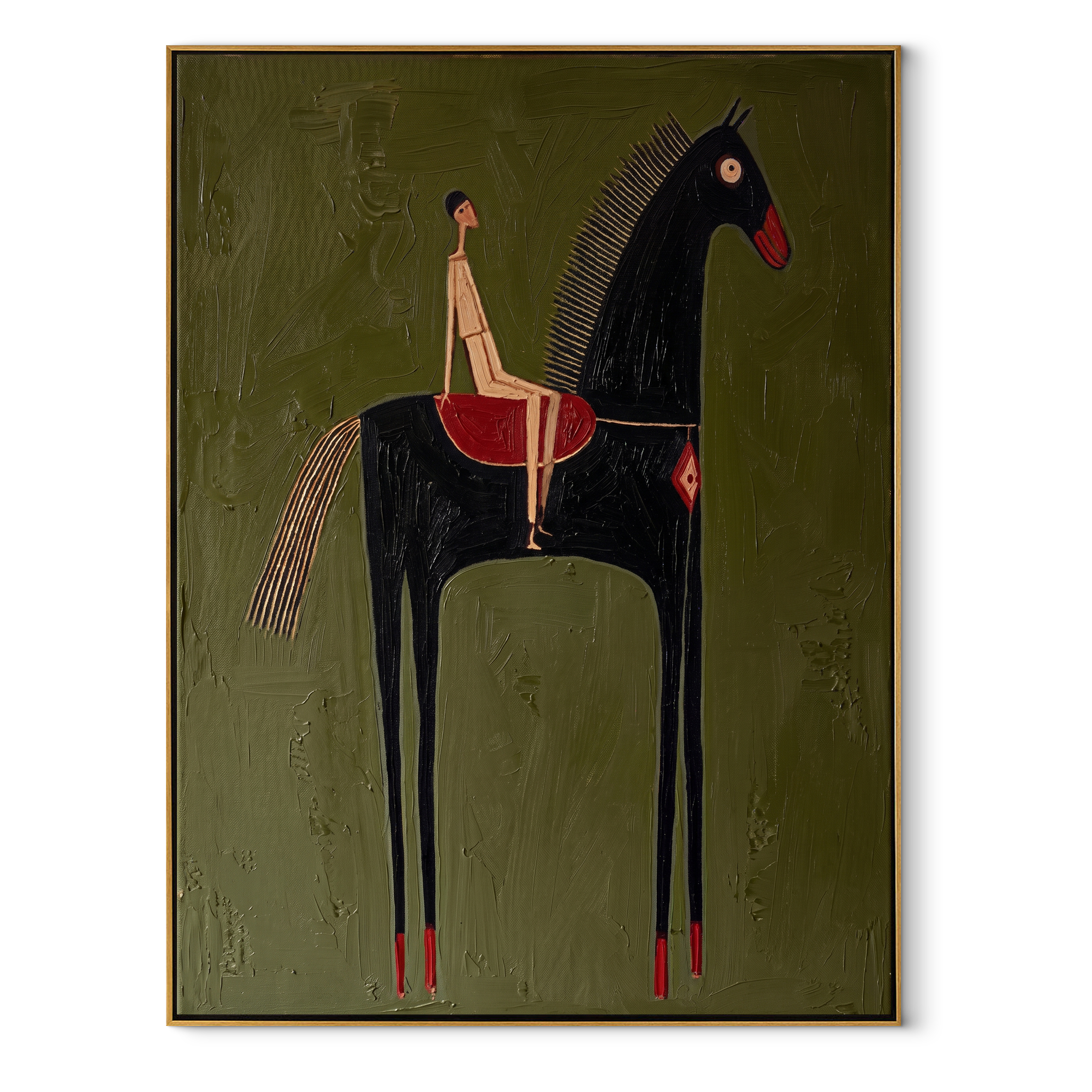 Black Horse Lifts Red - black horse rider painting by Elliot Vale, modern figurative vertical wall art - wood frame on white background
