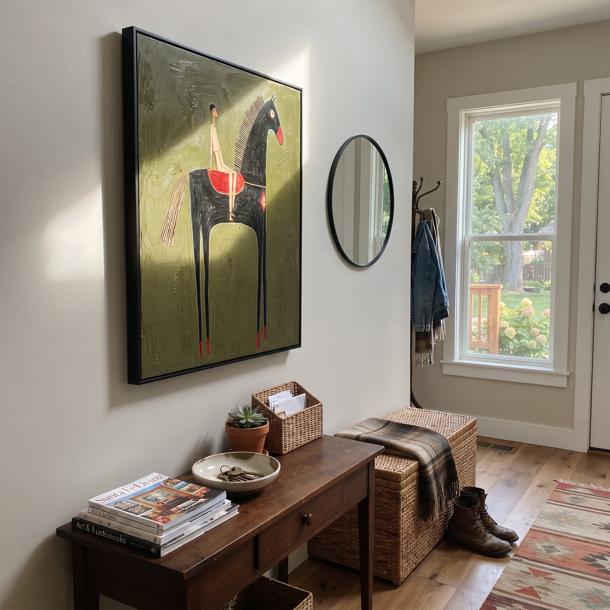 Black Horse Lifts Red - black horse rider painting by Elliot Vale, modern figurative vertical wall art - styled room scene view 2