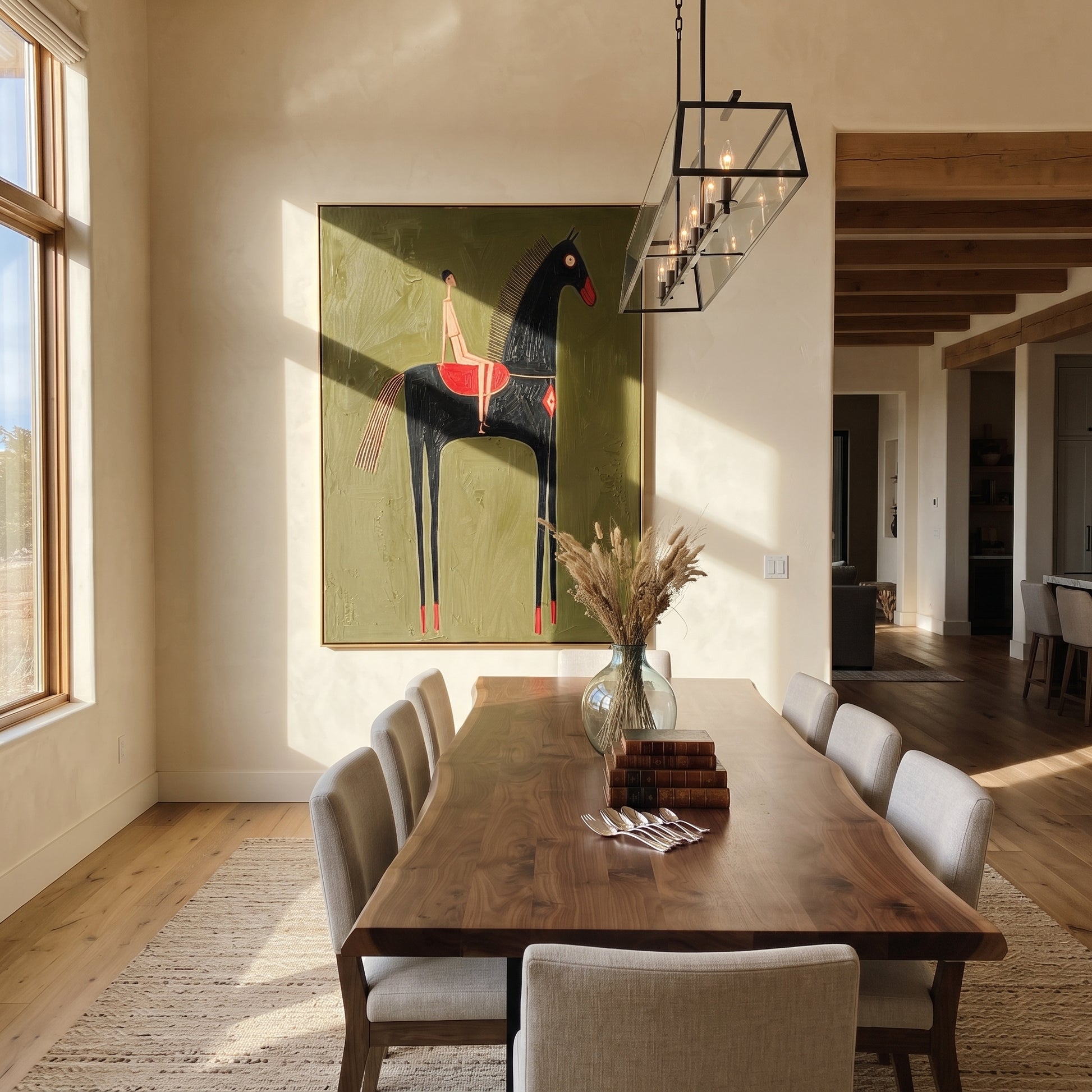 Black Horse Lifts Red - black horse rider painting by Elliot Vale, modern figurative vertical wall art - styled room scene view 3
