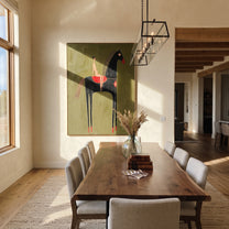 Black Horse Lifts Red - black horse rider painting by Elliot Vale, modern figurative vertical wall art - styled room scene view 3