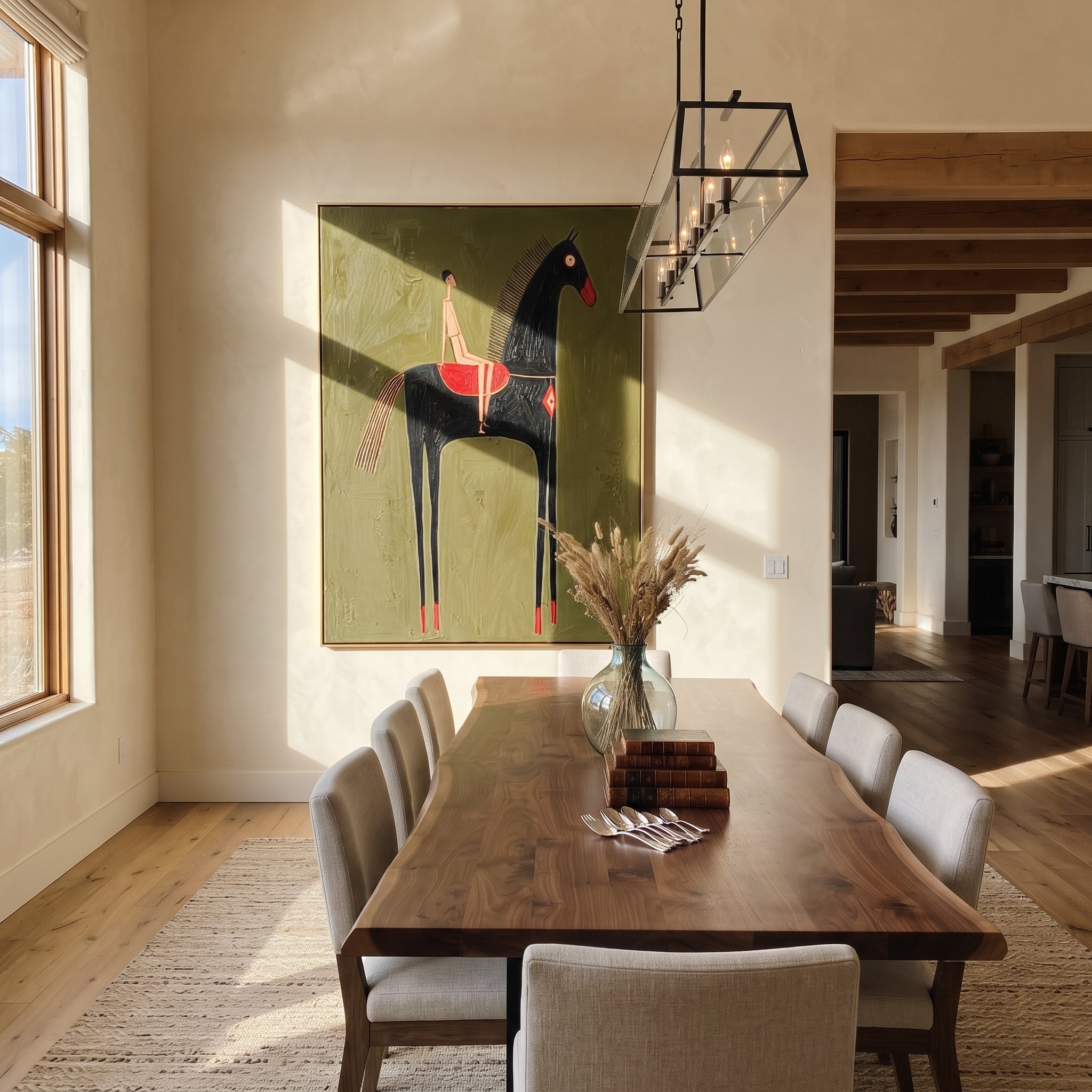 Black Horse Lifts Red - black horse rider painting by Elliot Vale, modern figurative vertical wall art - styled room scene view 3