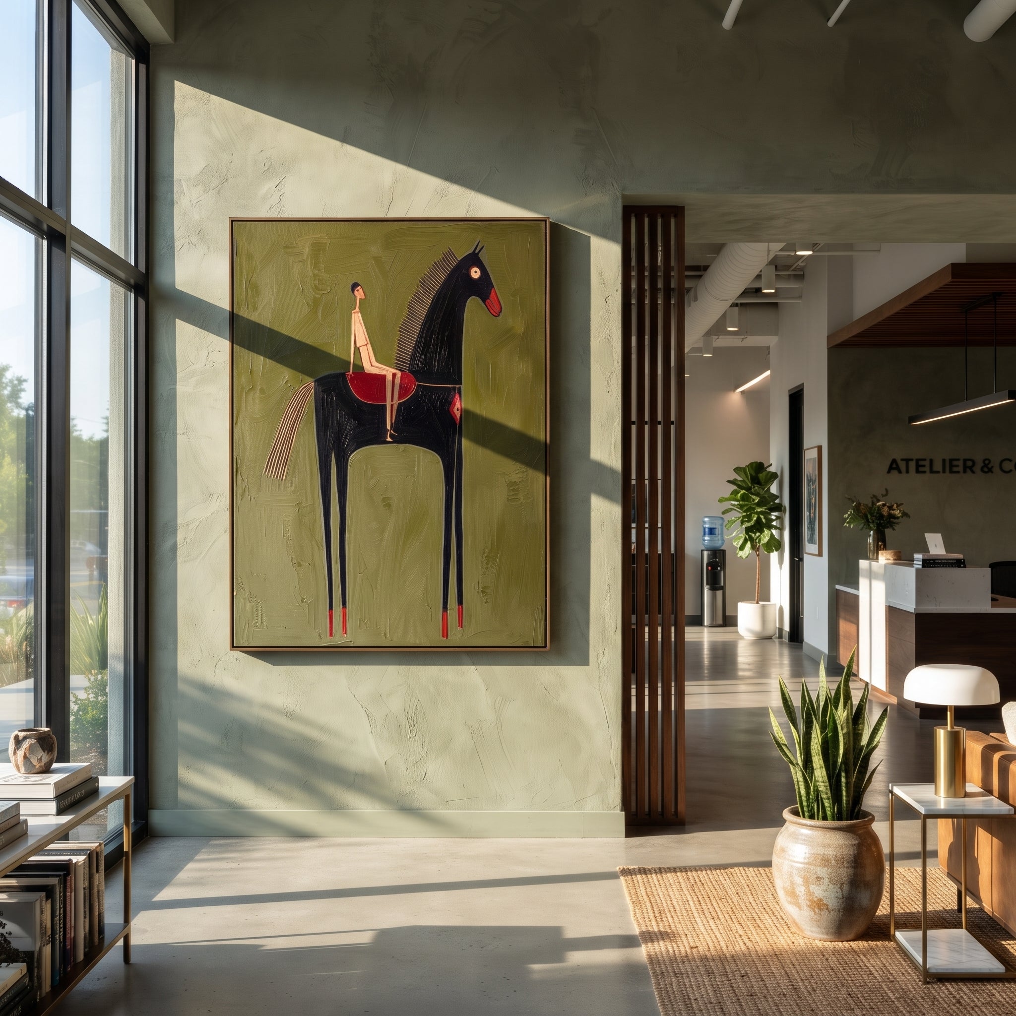 Black Horse Lifts Red - black horse rider painting by Elliot Vale, modern figurative vertical wall art - styled room scene view 4