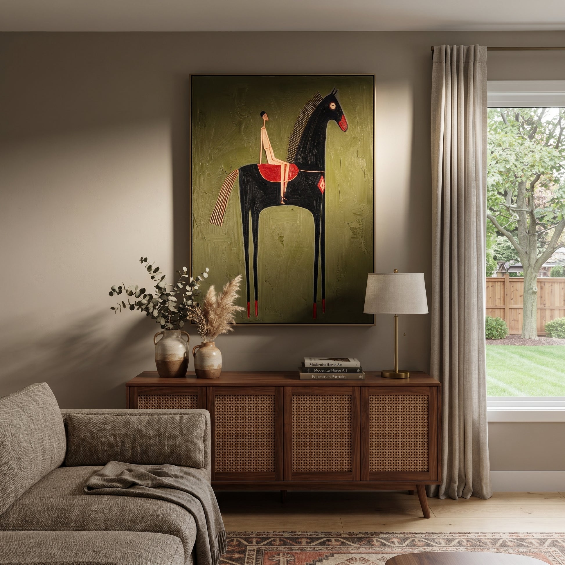 Black Horse Lifts Red - black horse rider painting by Elliot Vale, modern figurative vertical wall art - styled room scene view 5