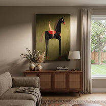 Black Horse Lifts Red - black horse rider painting by Elliot Vale, modern figurative vertical wall art - styled room scene view 5