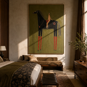 Red Boots Ride Midnight - black horse rider painting by Elliot Vale, modern figurative vertical wall art - styled room scene view 1