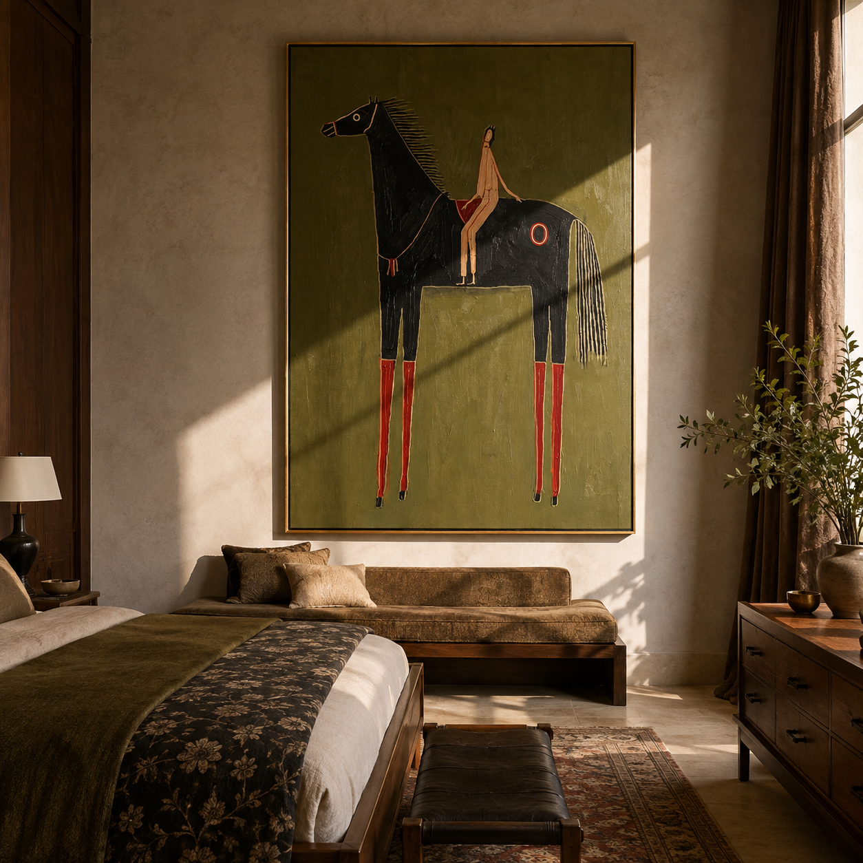Red Boots Ride Midnight - black horse rider painting by Elliot Vale, modern figurative vertical wall art - styled room scene view 1