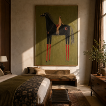 Red Boots Ride Midnight - black horse rider painting by Elliot Vale, modern figurative vertical wall art - styled room scene view 1