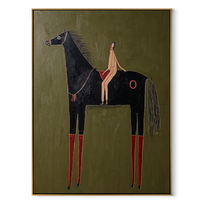 Red Boots Ride Midnight - black horse rider painting by Elliot Vale, modern figurative vertical wall art - wood frame on white background