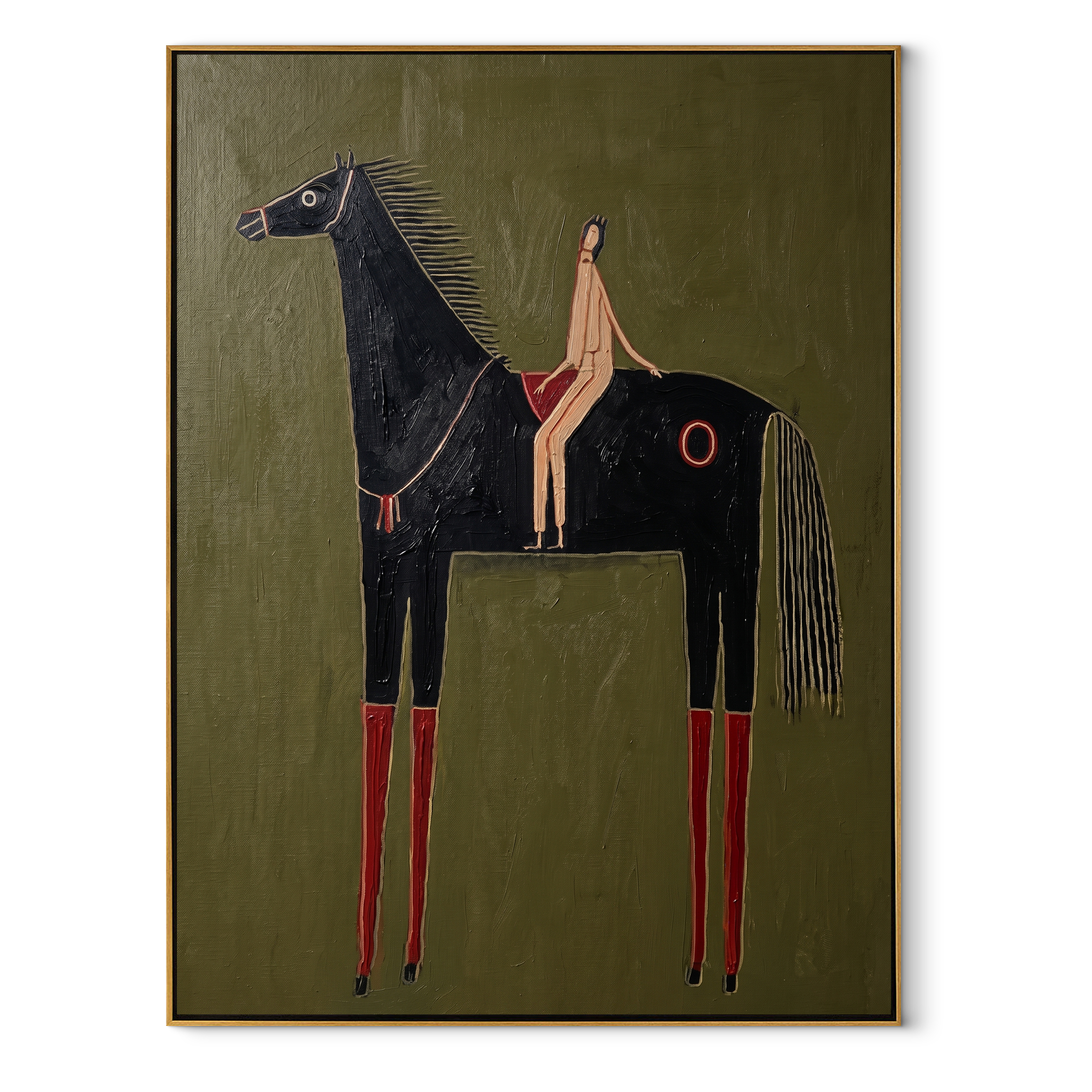 Red Boots Ride Midnight - black horse rider painting by Elliot Vale, modern figurative vertical wall art - wood frame on white background