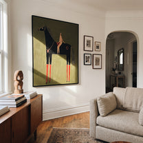 Red Boots Ride Midnight - black horse rider painting by Elliot Vale, modern figurative vertical wall art - styled room scene view 2