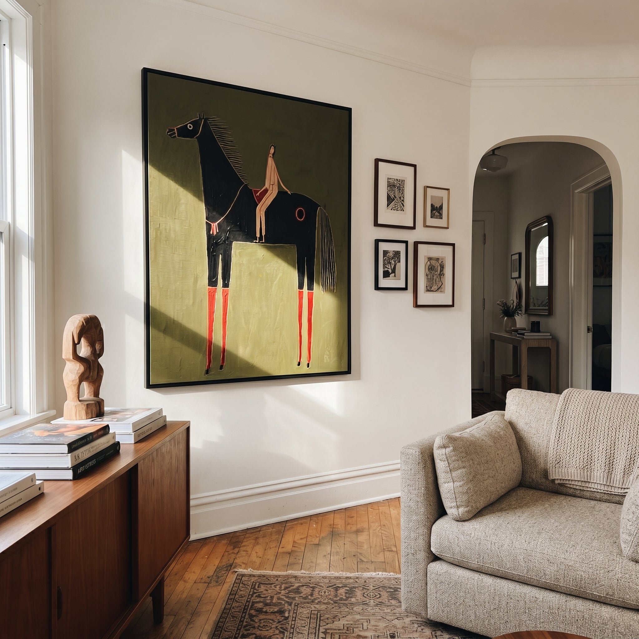Red Boots Ride Midnight - black horse rider painting by Elliot Vale, modern figurative vertical wall art - styled room scene view 2