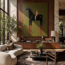 Red Boots Ride Midnight - black horse rider painting by Elliot Vale, modern figurative vertical wall art - styled room scene view 3
