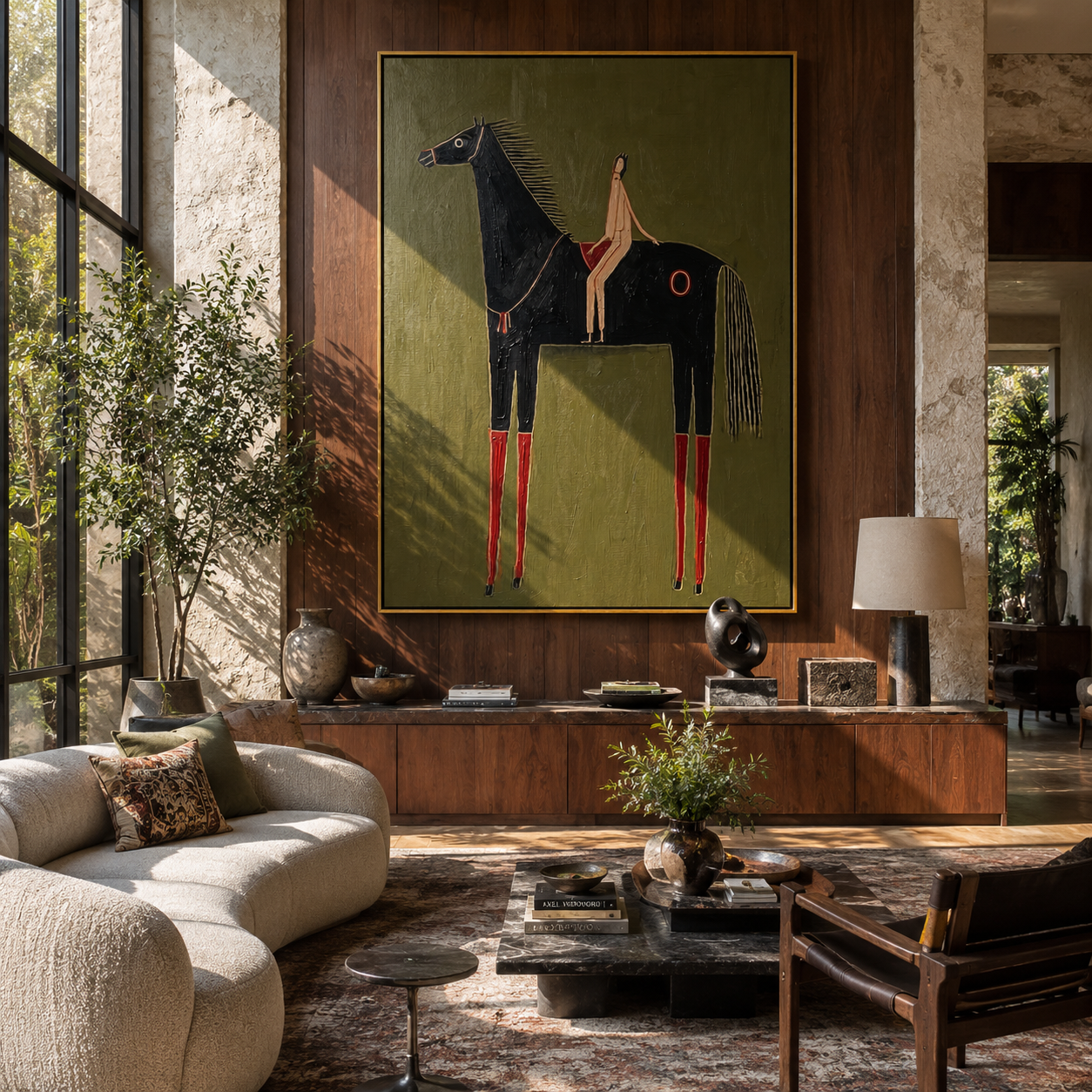 Red Boots Ride Midnight - black horse rider painting by Elliot Vale, modern figurative vertical wall art - styled room scene view 3