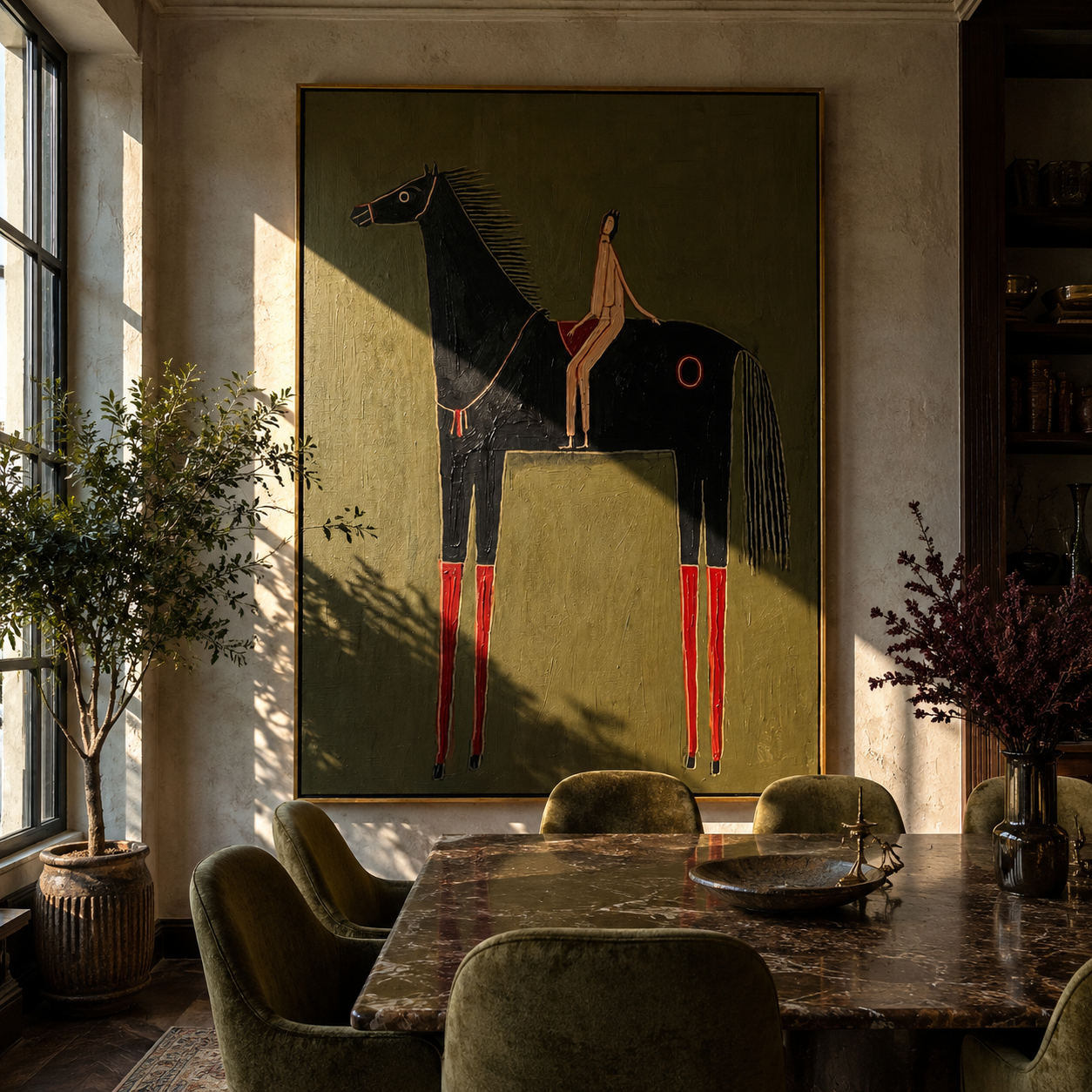 Red Boots Ride Midnight - black horse rider painting by Elliot Vale, modern figurative vertical wall art - styled room scene view 4