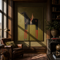 Red Boots Ride Midnight - black horse rider painting by Elliot Vale, modern figurative vertical wall art - styled room scene view 5