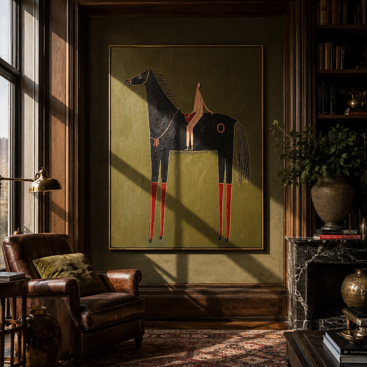 Red Boots Ride Midnight - black horse rider painting by Elliot Vale, modern figurative vertical wall art - styled room scene view 5
