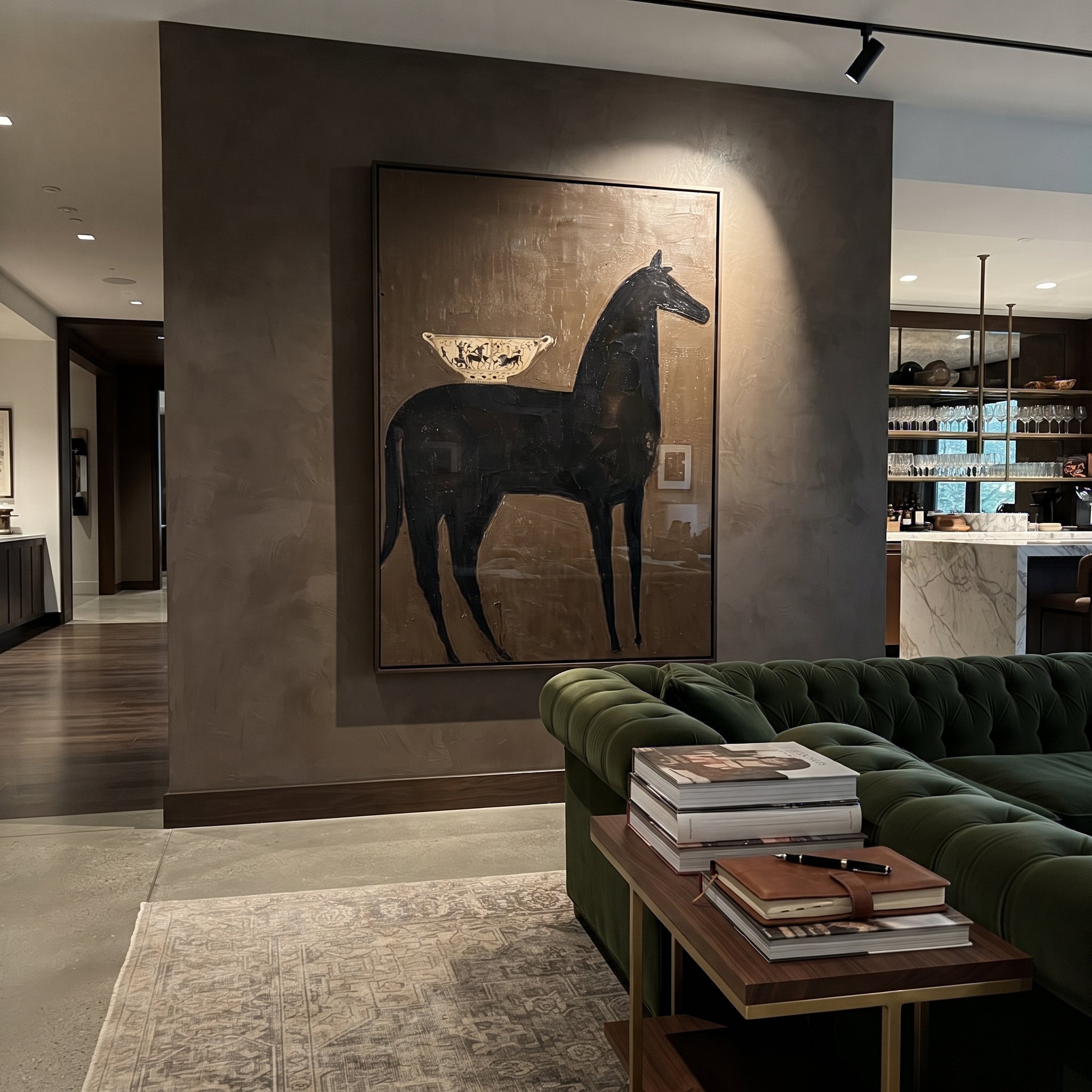 Dark Horse Bears Vessel - black horse still life painting by Elliot Vale, modern figurative vertical wall art - styled room scene view 1
