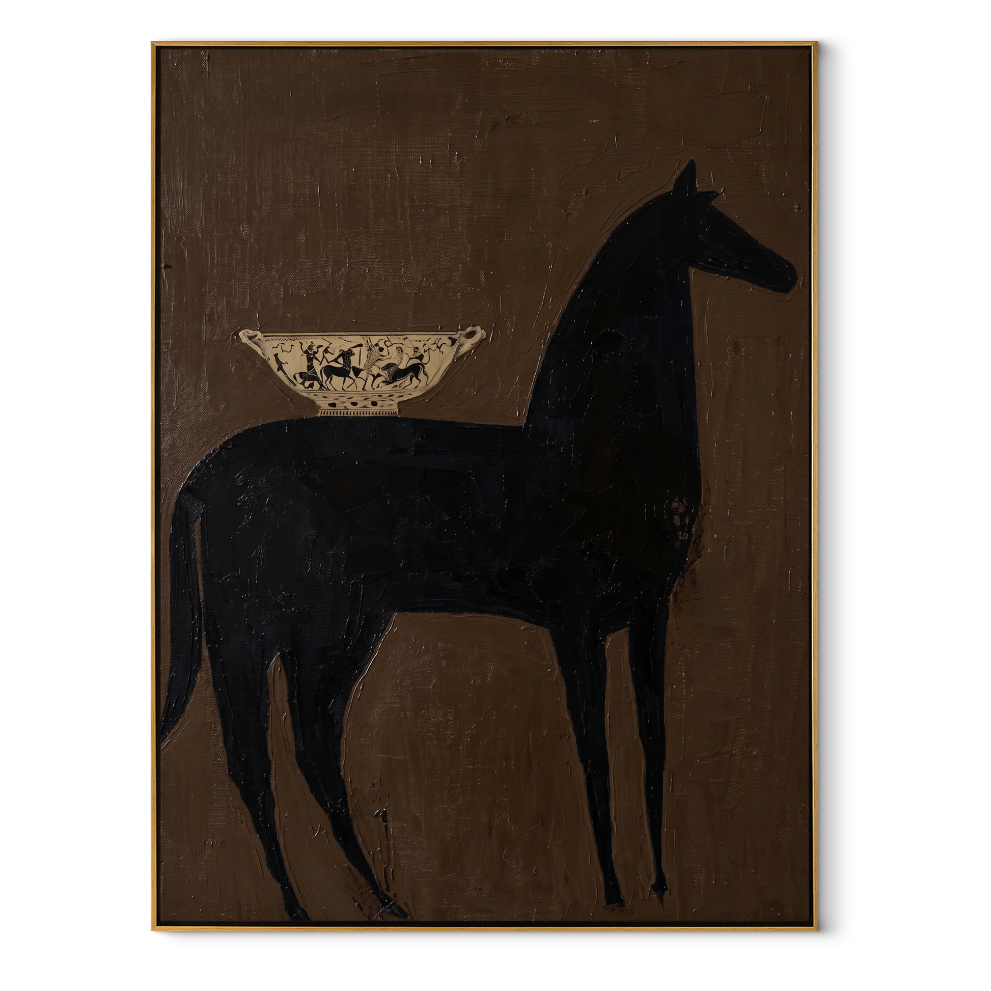 Dark Horse Bears Vessel - black horse still life painting by Elliot Vale, modern figurative vertical wall art - wood frame on white background