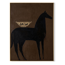 Dark Horse Bears Vessel - black horse still life painting by Elliot Vale, modern figurative vertical wall art - wood frame on white background