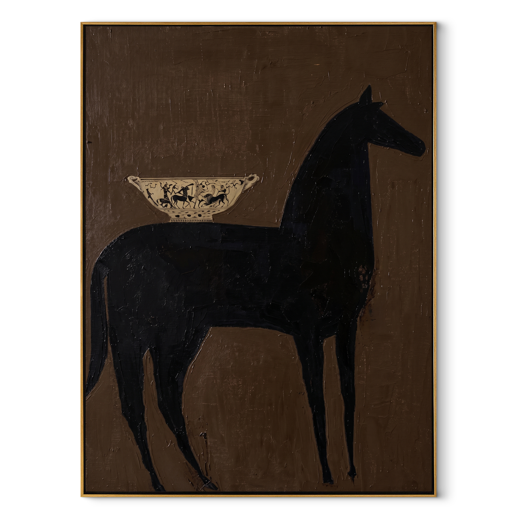 Dark Horse Bears Vessel - black horse still life painting by Elliot Vale, modern figurative vertical wall art - wood frame on white background