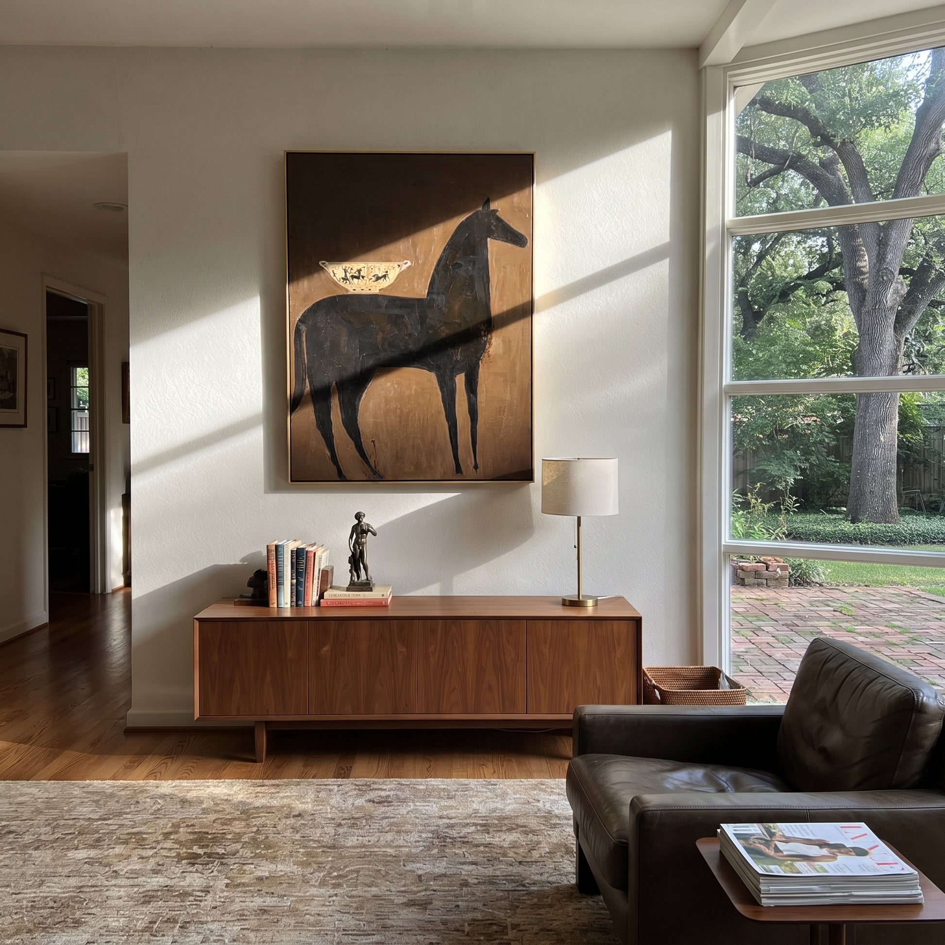 Dark Horse Bears Vessel - black horse still life painting by Elliot Vale, modern figurative vertical wall art - styled room scene view 2
