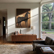 Dark Horse Bears Vessel - black horse still life painting by Elliot Vale, modern figurative vertical wall art - styled room scene view 2