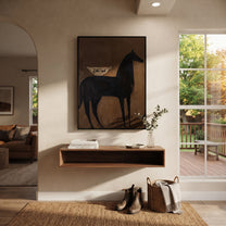 Dark Horse Bears Vessel - black horse still life painting by Elliot Vale, modern figurative vertical wall art - styled room scene view 4