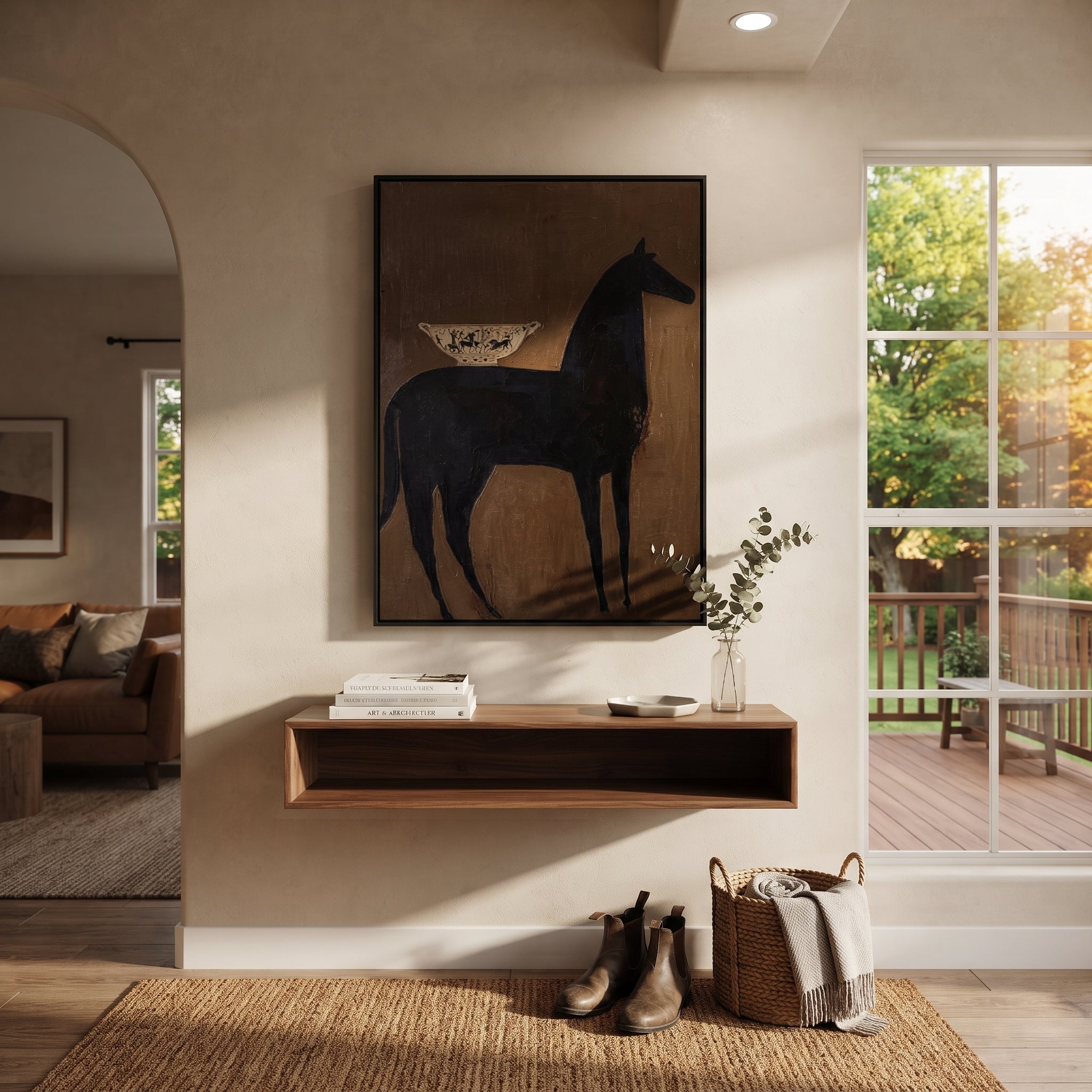 Dark Horse Bears Vessel - black horse still life painting by Elliot Vale, modern figurative vertical wall art - styled room scene view 4