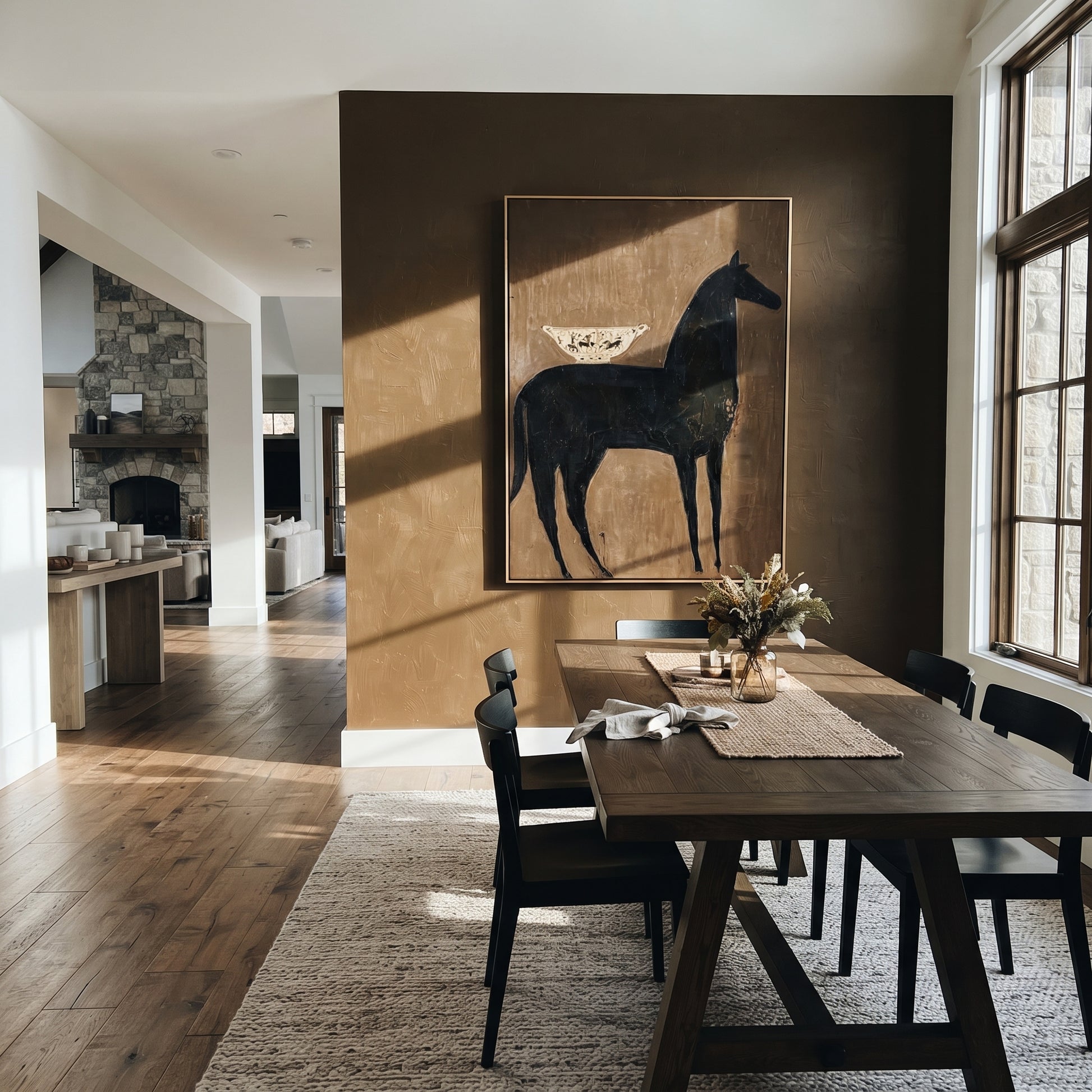 Dark Horse Bears Vessel - black horse still life painting by Elliot Vale, modern figurative vertical wall art - styled room scene view 5