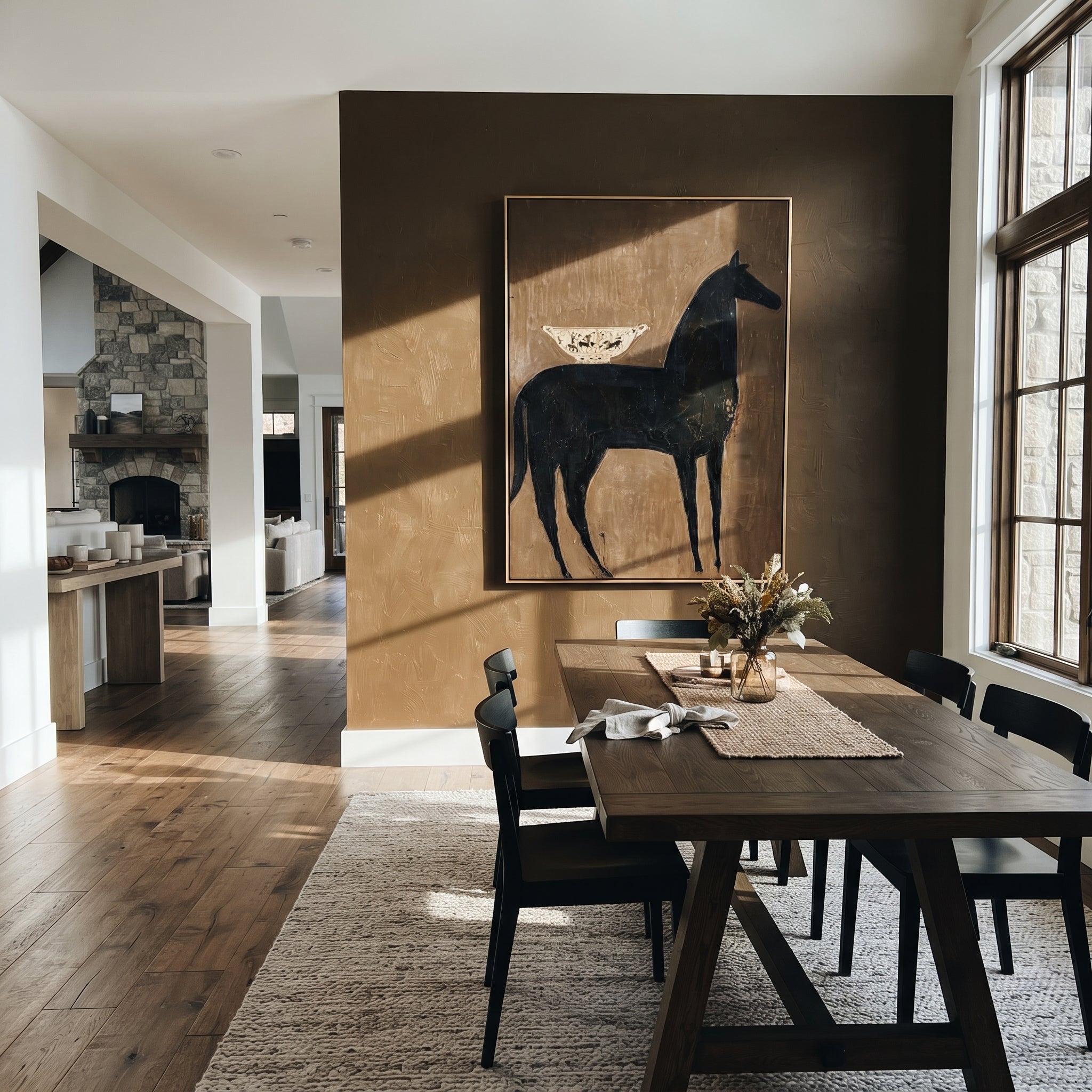 Dark Horse Bears Vessel - black horse still life painting by Elliot Vale, modern figurative vertical wall art - styled room scene view 5