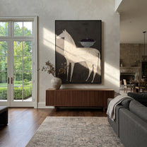 White Horse Carries Bowl - white horse still life painting by Elliot Vale, modern figurative vertical wall art - styled room scene view 1