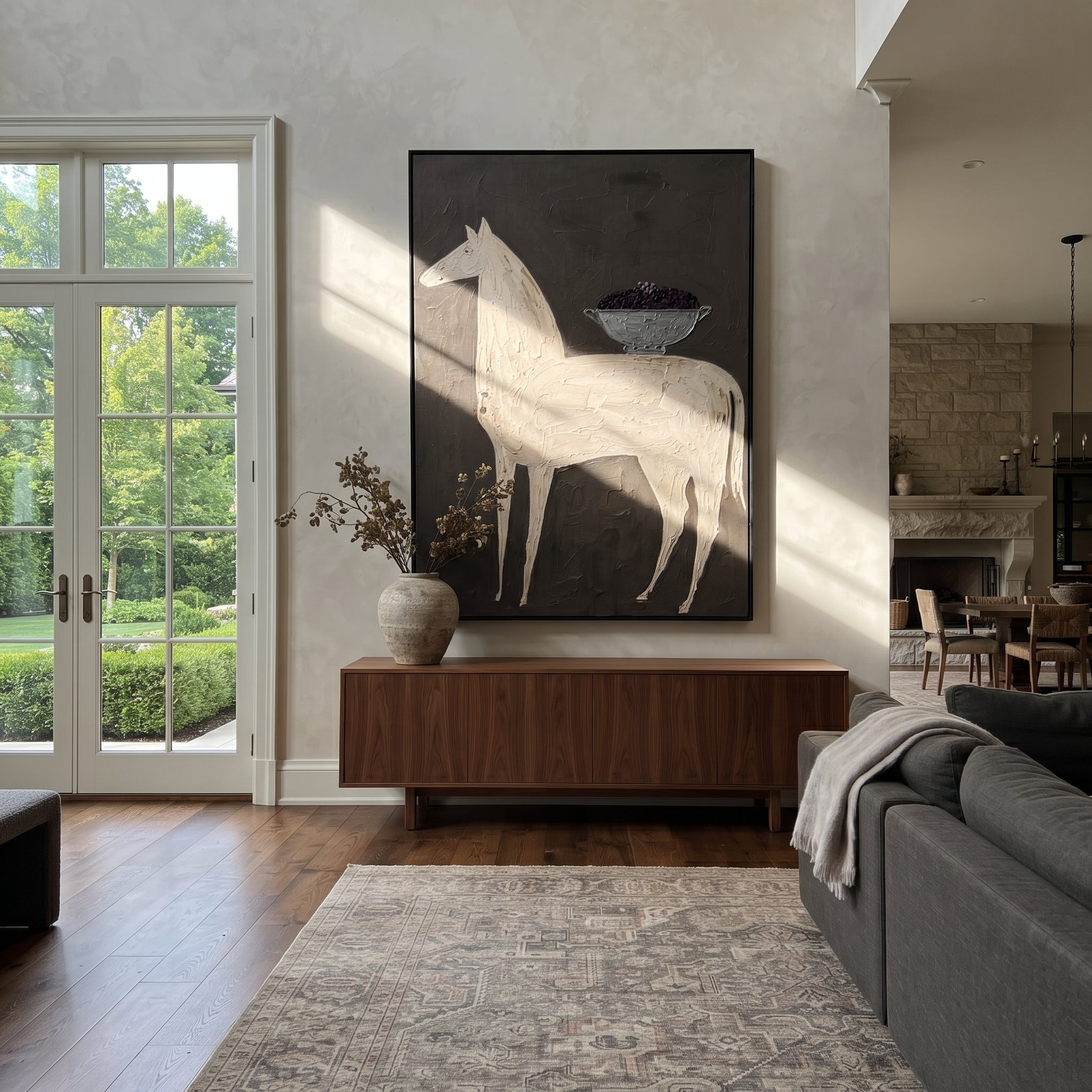 White Horse Carries Bowl - white horse still life painting by Elliot Vale, modern figurative vertical wall art - styled room scene view 1