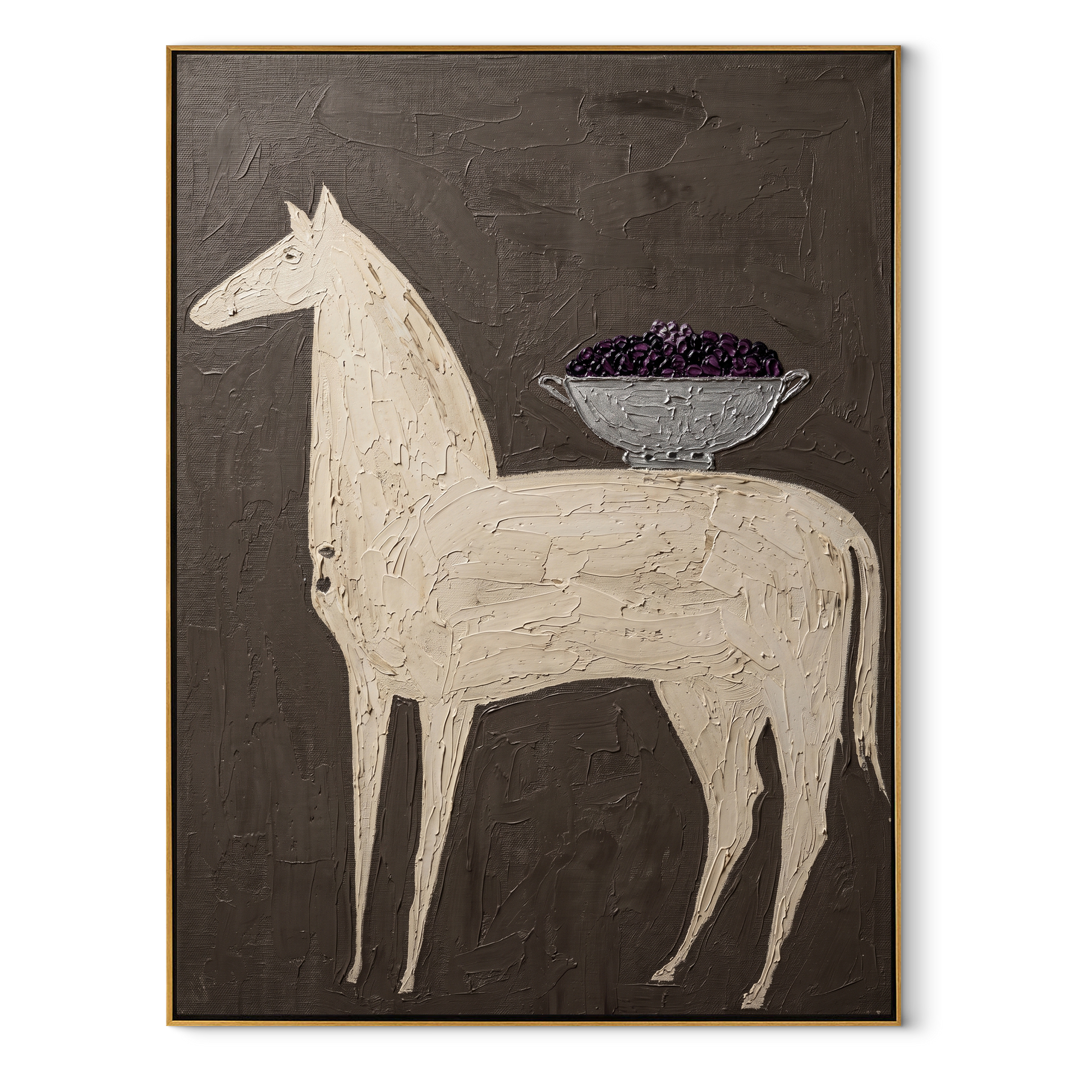White Horse Carries Bowl - white horse still life painting by Elliot Vale, modern figurative vertical wall art - wood frame on white background