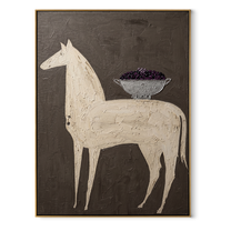 White Horse Carries Bowl - white horse still life painting by Elliot Vale, modern figurative vertical wall art - wood frame on white background