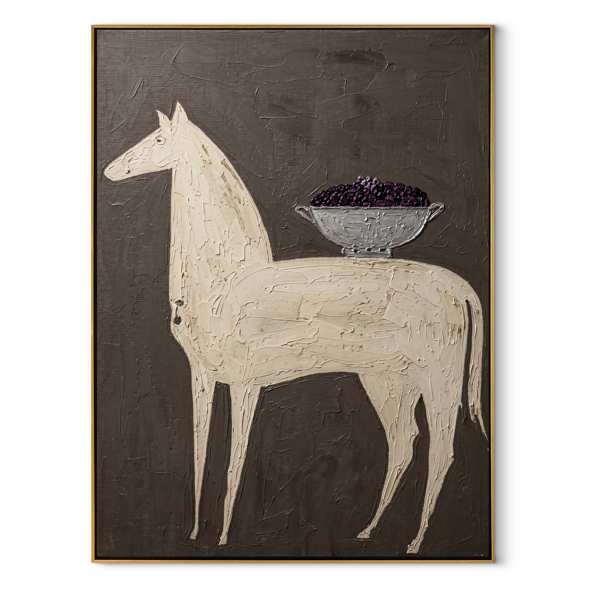 White Horse Carries Bowl - white horse still life painting by Elliot Vale, modern figurative vertical wall art - wood frame on white background