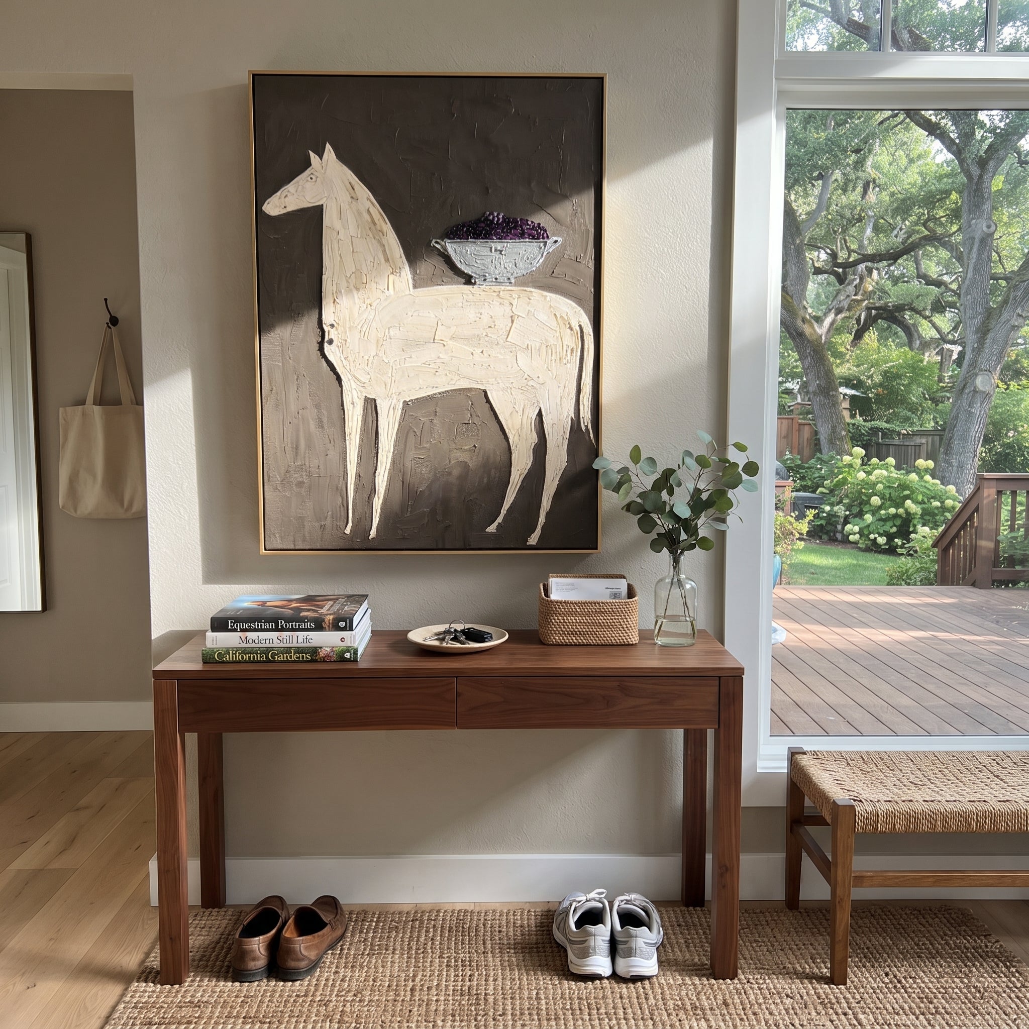 White Horse Carries Bowl - white horse still life painting by Elliot Vale, modern figurative vertical wall art - styled room scene view 2