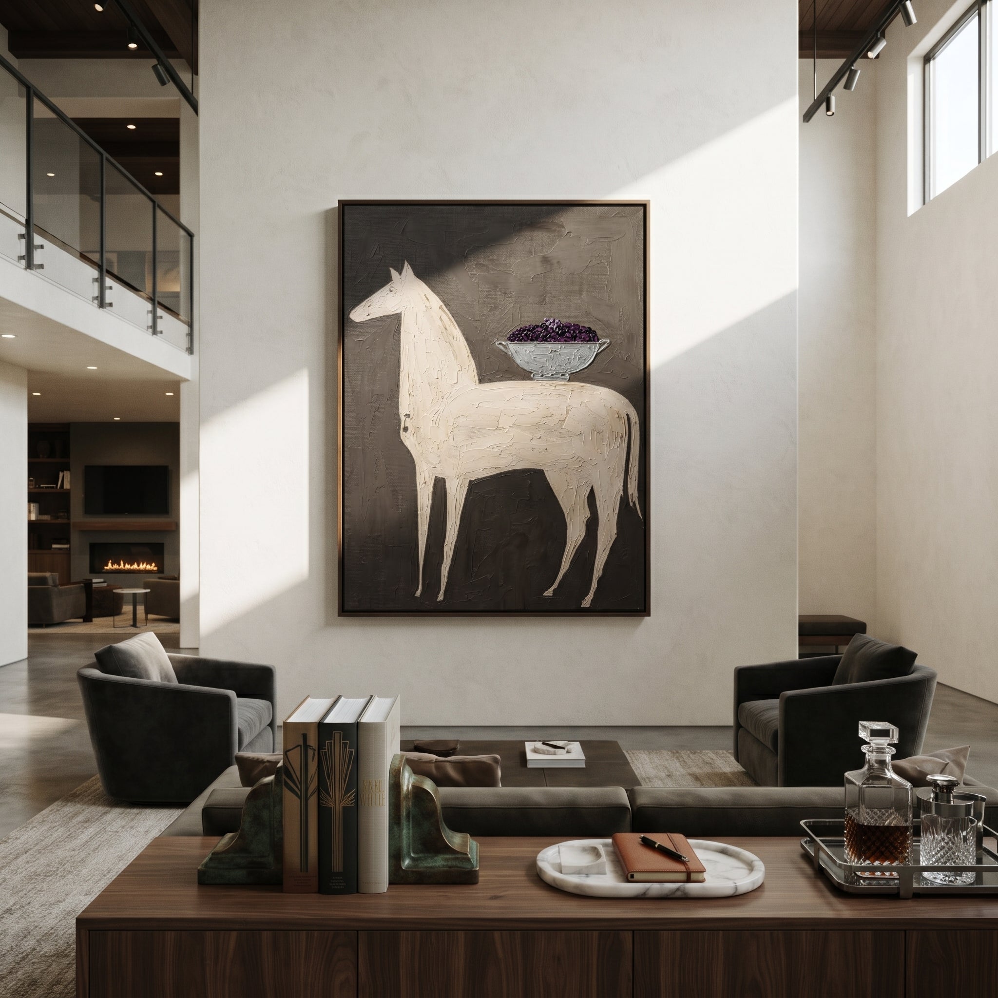 White Horse Carries Bowl - white horse still life painting by Elliot Vale, modern figurative vertical wall art - styled room scene view 3