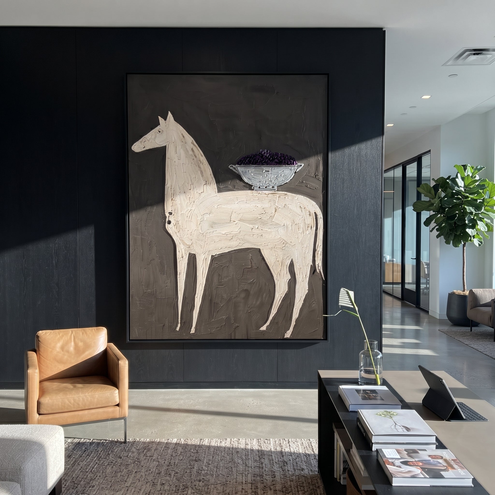 White Horse Carries Bowl - white horse still life painting by Elliot Vale, modern figurative vertical wall art - styled room scene view 4