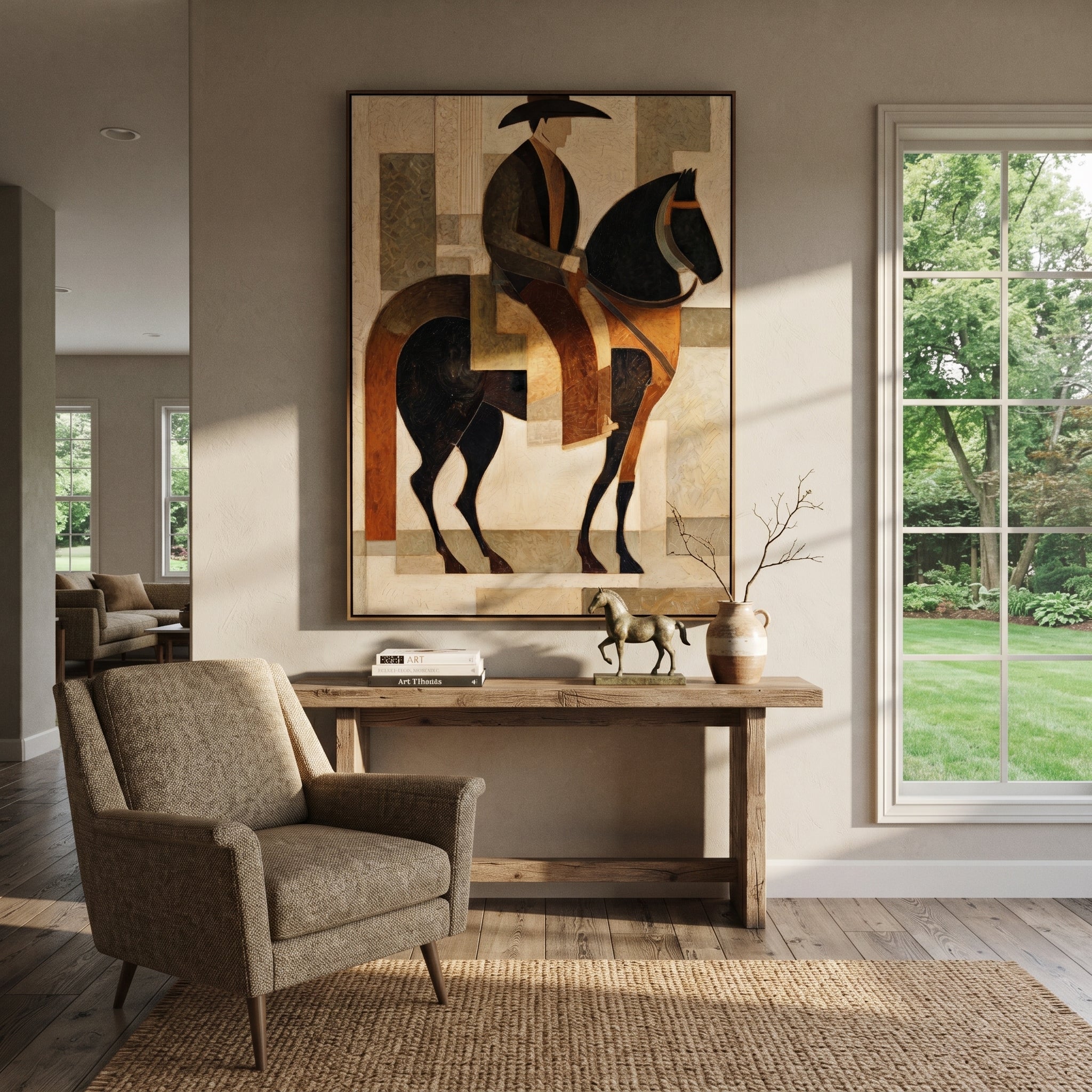 Brown Rider Crosses Geometry - geometric horse rider painting by Elliot Vale, modern figurative vertical wall art - styled room scene view 1