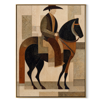 Brown Rider Crosses Geometry - geometric horse rider painting by Elliot Vale, modern figurative vertical wall art - wood frame on white background