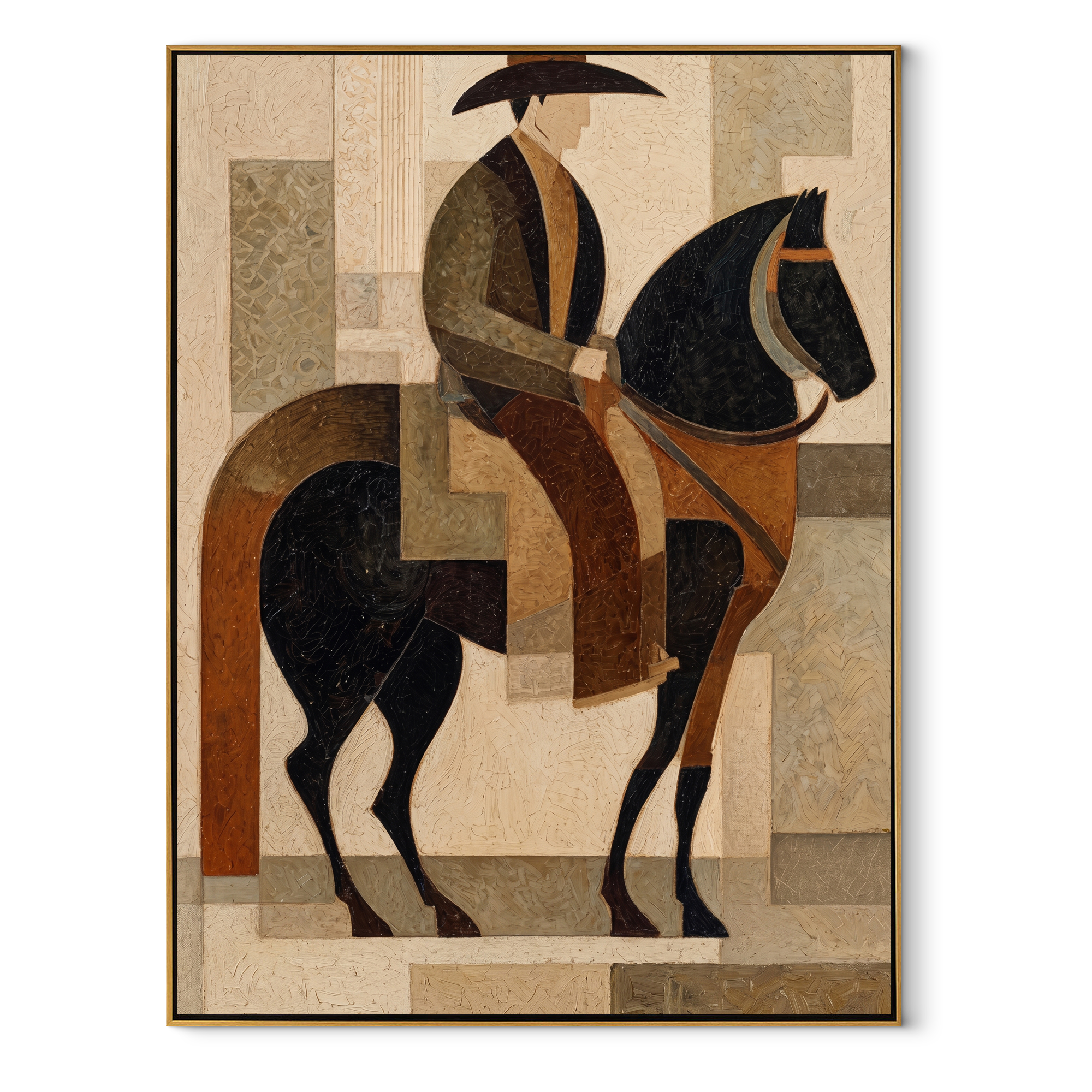 Brown Rider Crosses Geometry - geometric horse rider painting by Elliot Vale, modern figurative vertical wall art - wood frame on white background